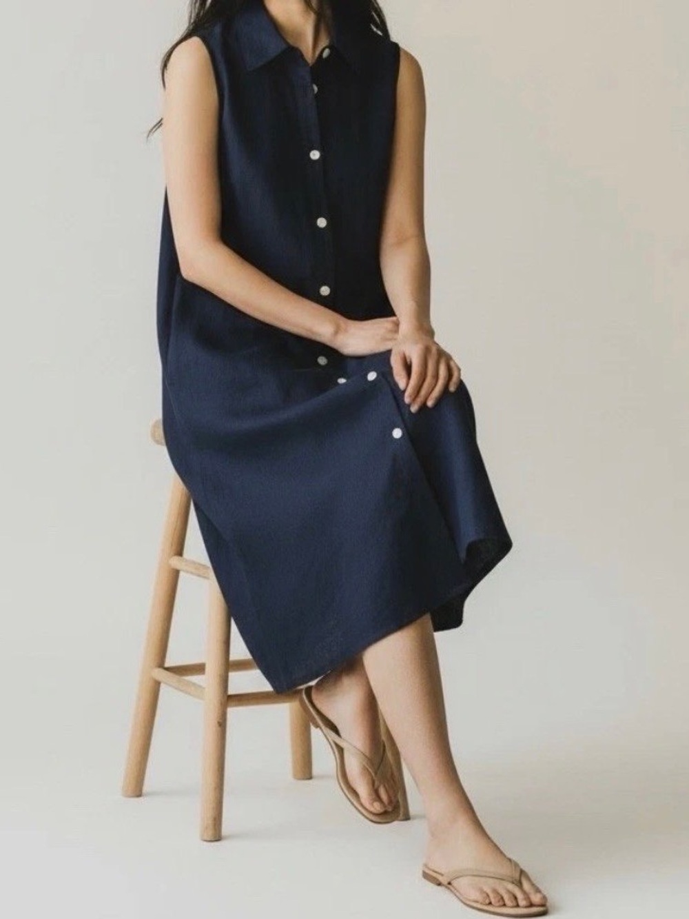 Lauren Ralph Lauren Navy Blue Linen Sleeveless Button Down Dress CBK Women’s 4